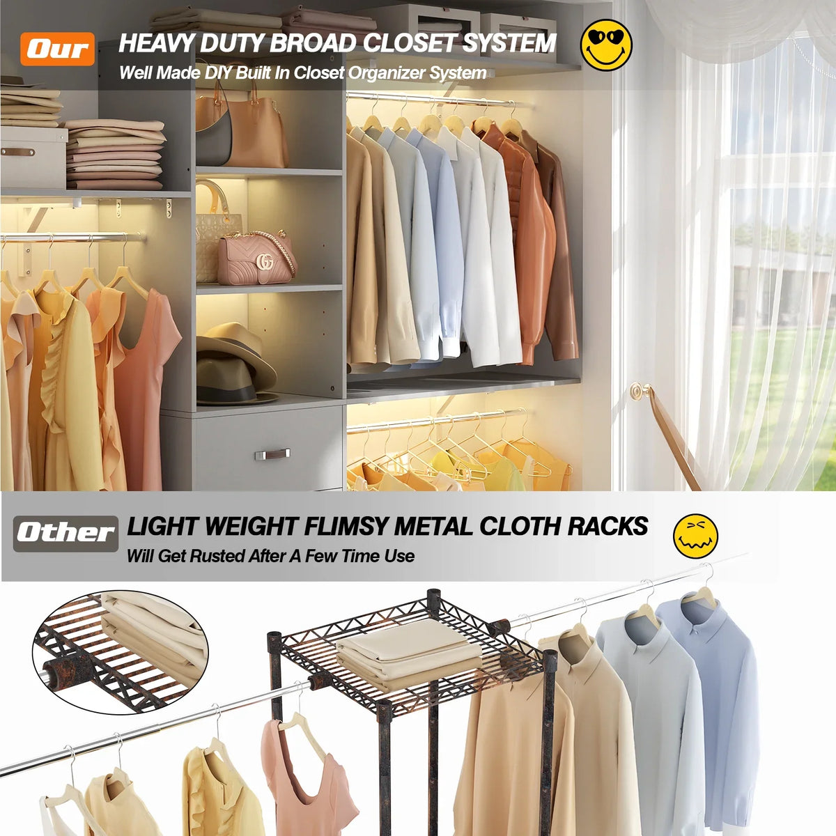 Homieasy 96 Inches Closet System, 8FT Walk In Closet Organizer with 3 Shelving Towers, Heavy Duty Clothes Rack with 3 Drawers, Built-In Garment Rack, 96" L x 16" W x 75" H, White