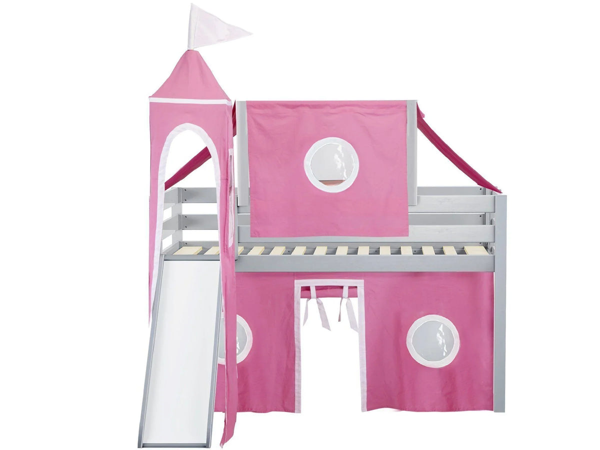 JACKPOT! Castle Low Loft Bed with Slide, Red Yellow and Blue Tent and Tower, Twin, Cherry