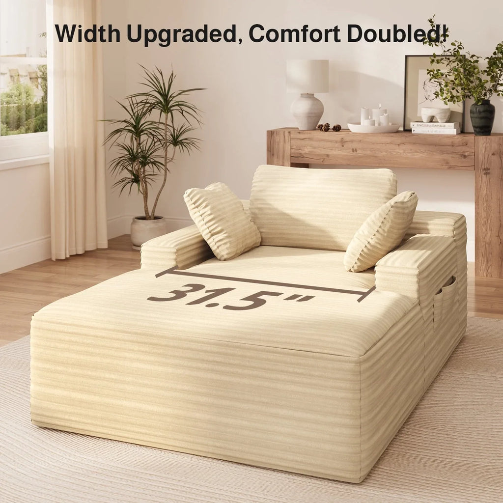 Lofka Oversized Chaise Lounge Indoor, 66"D Corduroy Upholstered Boneless Sofa Bed for Reading on Living Room & Bedroom, No Assembly Required (Beige)