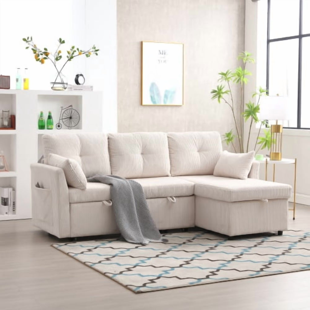 Villeston L-Shaped 3-Seat Sofa with Pull-Out Bed, with Storage Chaise Couch for Living Room, Chenille Fabric,Olive