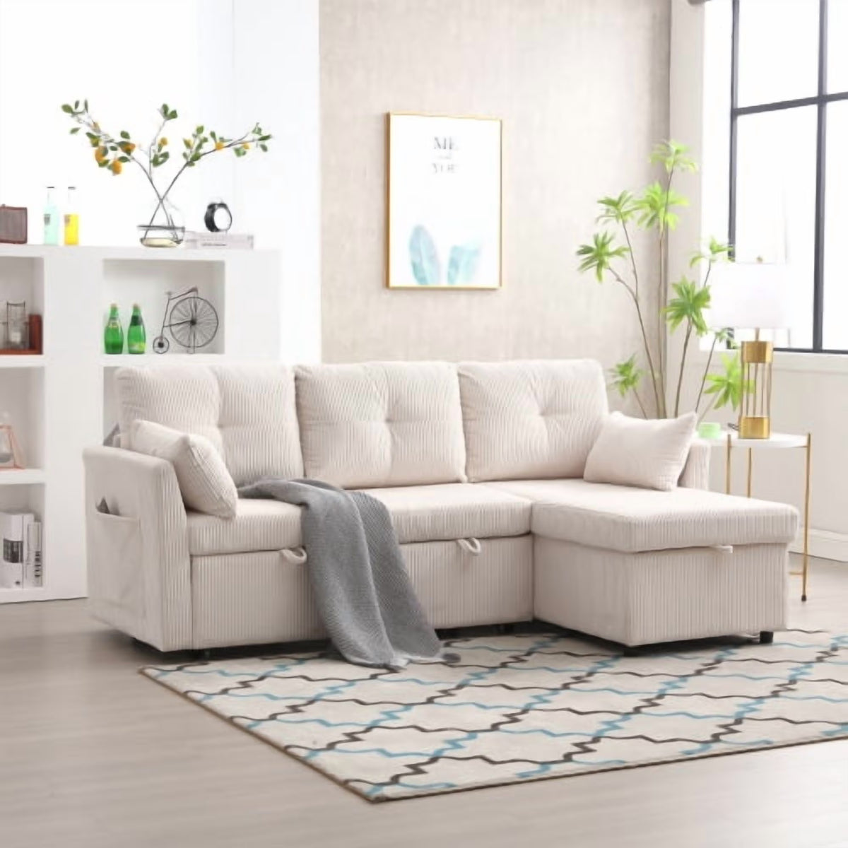 Villeston L-Shaped 3-Seat Sofa with Pull-Out Bed, with Storage Chaise Couch for Living Room, Chenille Fabric,Olive