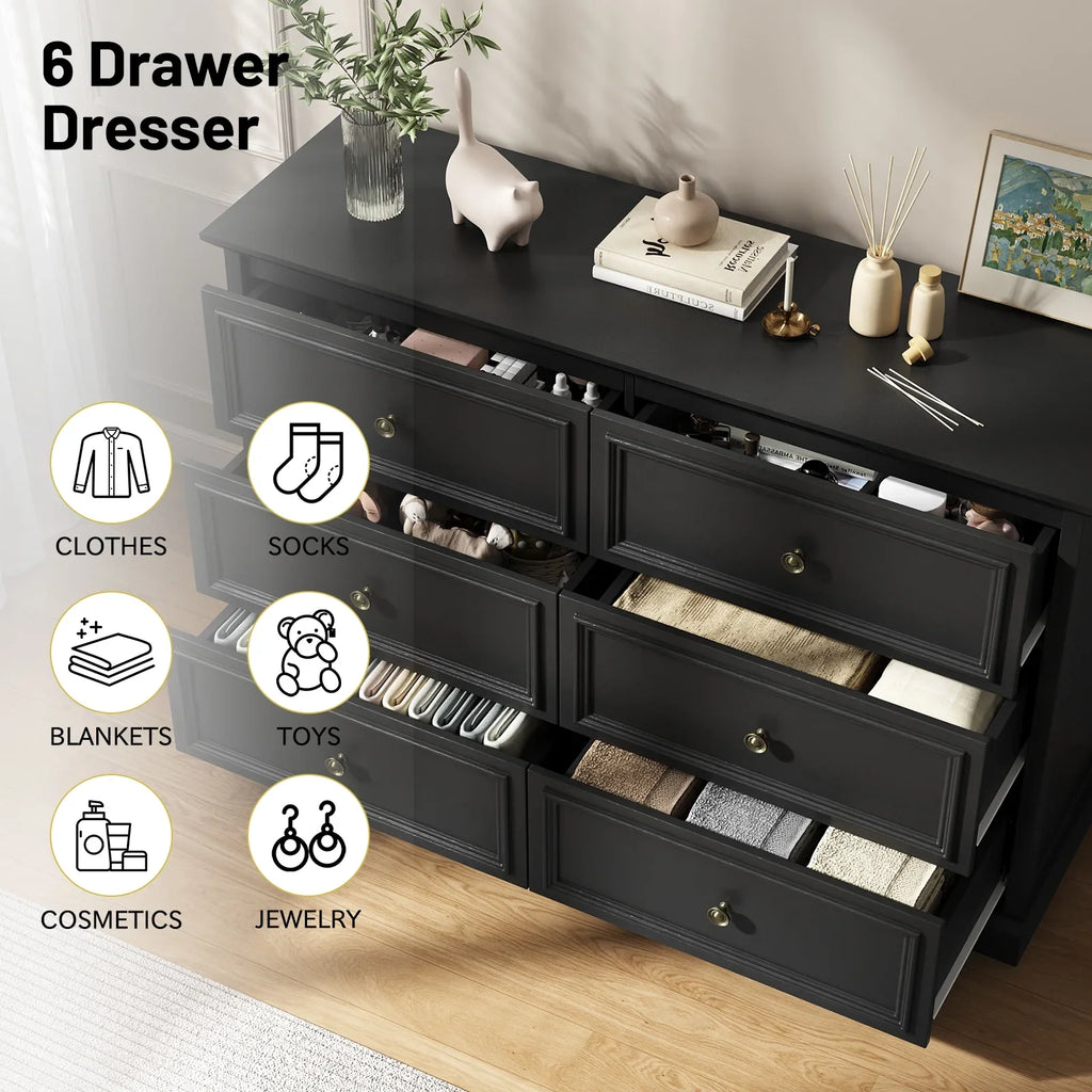 IDEALSOUL Black Dresser,6 Drawer Dresser for bedroom,Retro Wood Storage Cabinet for Living Room