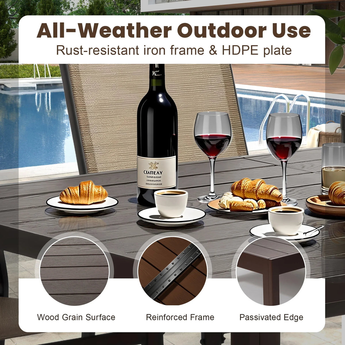 Seizeen 7-Piece Outdoor Table and Chairs, Patio Table Set with 6 Rattan Chairs, All-weather Outdoor Patio Dining Sets Rectangular Metal Table with Acacia Wood Top, Umbrella Hole, Gray