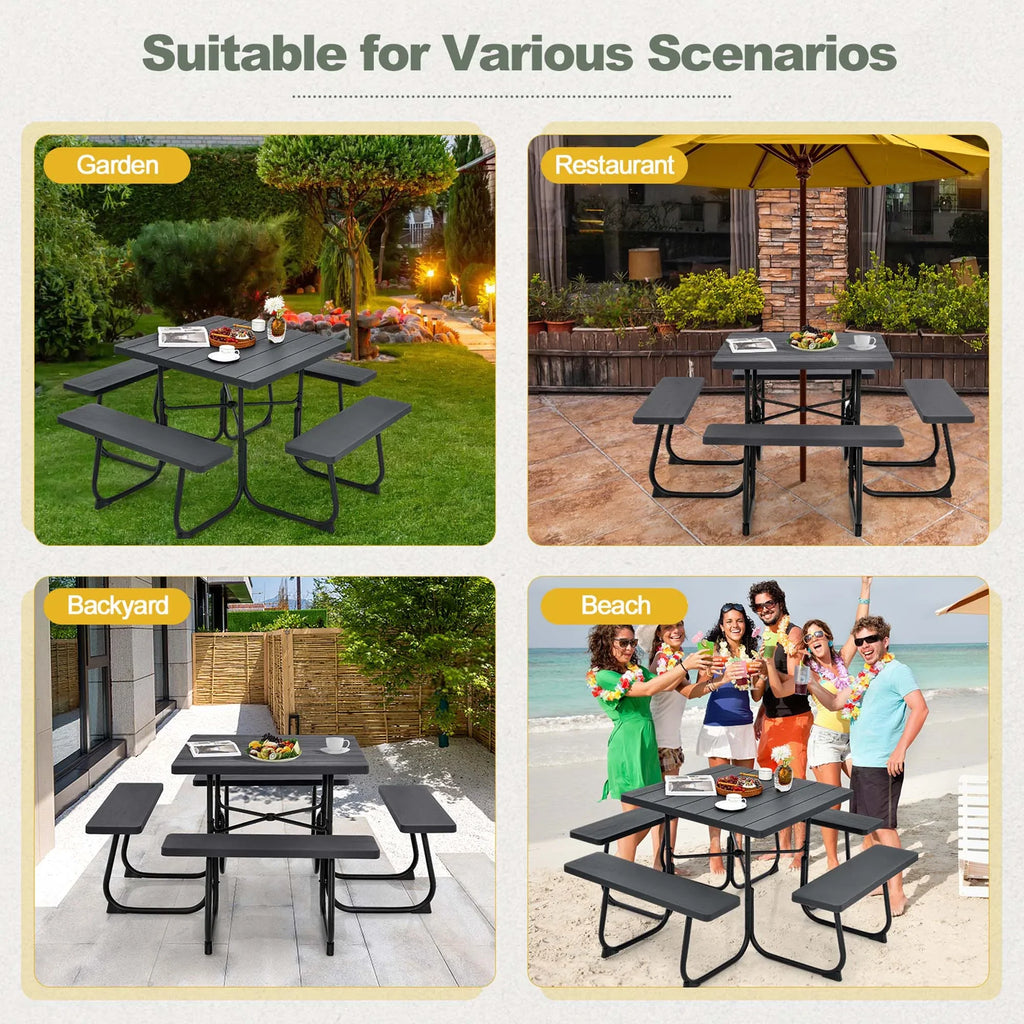 Costway Outdoor 8-person Square Picnic Table Bench Set with 4 Benches & Umbrella Hole White