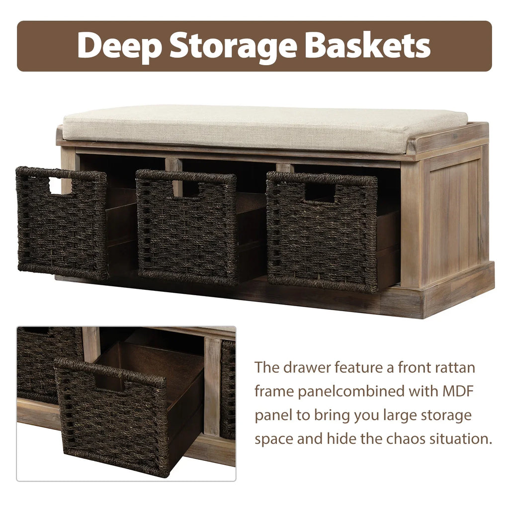 Entryway Storage Bench with 3 Woven Baskets and Removable Cushion, Entry Hallway Foyer Shoe Bench End of Bed Bench, Fully Assembled, 41.3" L x 15.7" W x 17" H (White Washed)