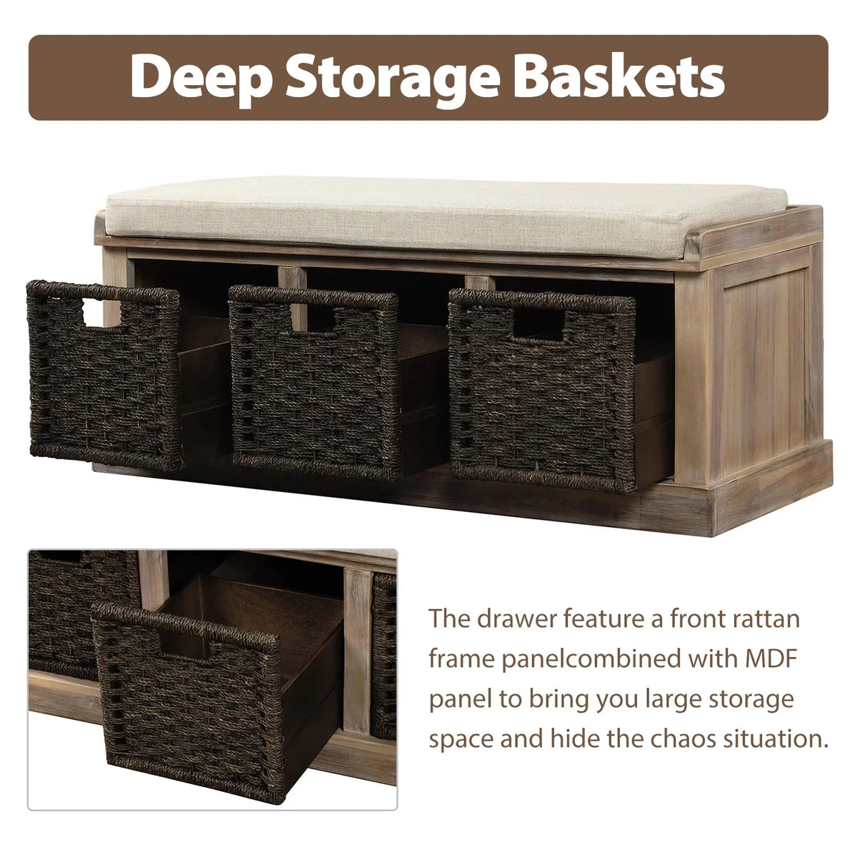 Entryway Storage Bench with 3 Woven Baskets and Removable Cushion, Entry Hallway Foyer Shoe Bench End of Bed Bench, Fully Assembled, 41.3" L x 15.7" W x 17" H (White Washed)