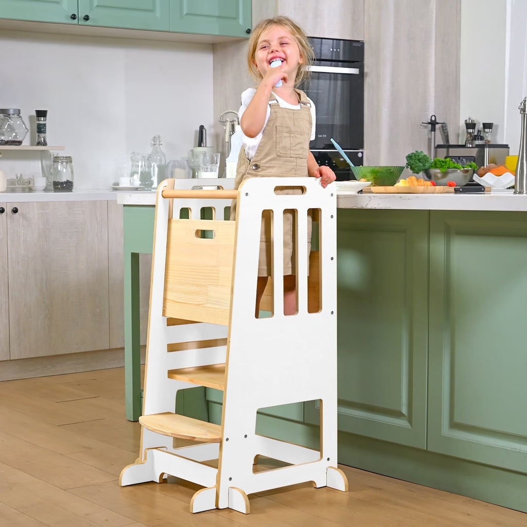 Toddler Standing Tower, Kids Kitchen Stool Helper 3 Levels Adjustable Height Wooden Toddler Step Stools for Learning New Skills