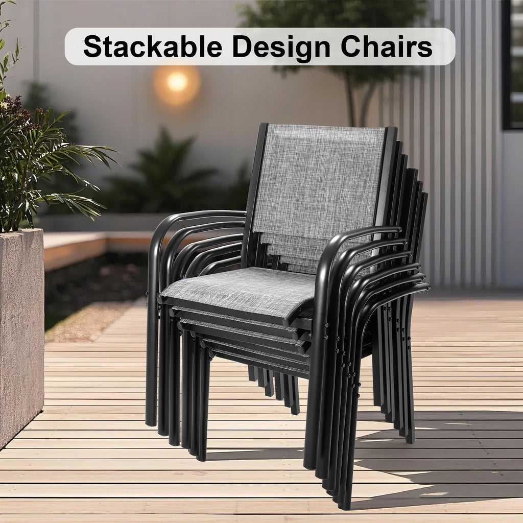 Seizeen 7-Piece Outdoor Table and Chairs, Patio Table Set with 6 Rattan Chairs, All-weather Outdoor Patio Dining Sets Rectangular Metal Table with Acacia Wood Top, Umbrella Hole, Gray