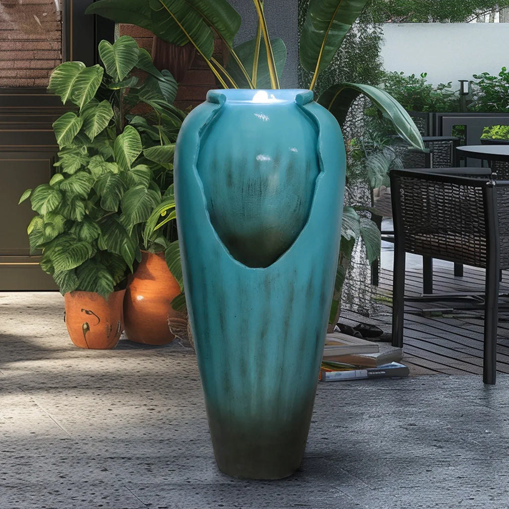 ourrco 30.7"H Concrete Vase Water Fountain, Modern Cascading Waterfall Feature with LED Lighting and Pump, Perfect for Indoor or Outdoor Home and Garden Decor, Red