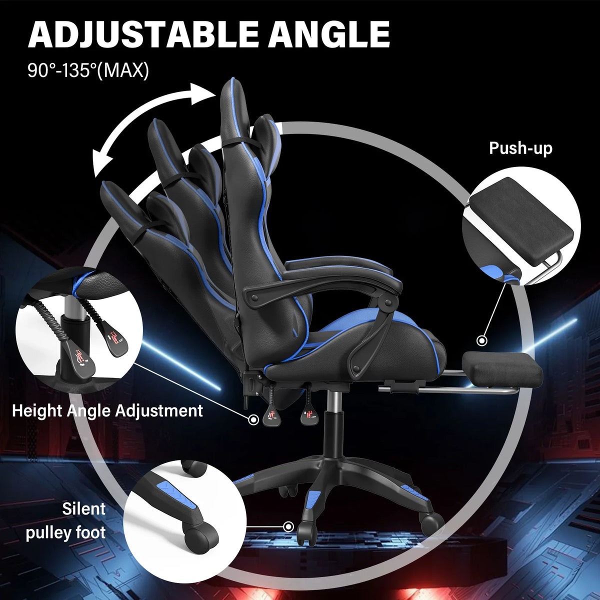 Mr IRONSTONE Office Gaming Chair with Footrest & Lumbar Support, Ergonomic Adjustable Computer Chair with Swivel Seat & Headrest, Blue