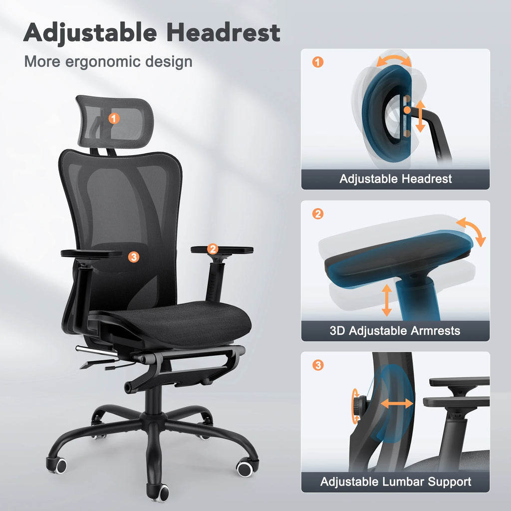 EVMORE Ergonomic Office Chair, Computer Desk Chair with Lumbar Support, Adjustable Headrest, and Breathable Mesh Back - 400 lbs Capacity, Black(with Footrest/3D Armrest)