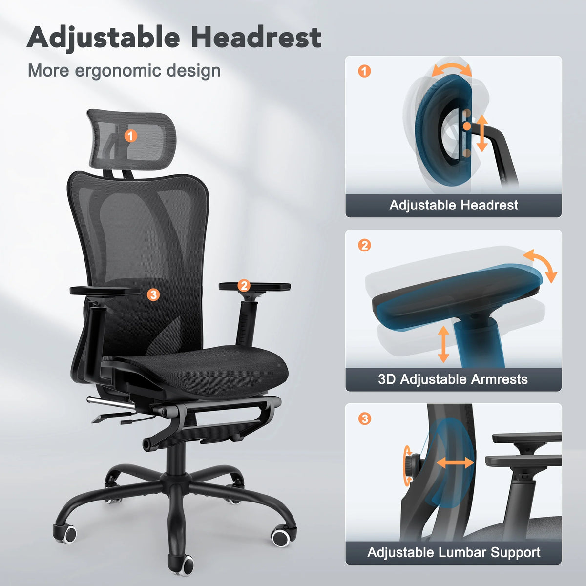 EVMORE Ergonomic Office Chair, Computer Desk Chair with Lumbar Support, Adjustable Headrest, and Breathable Mesh Back - 400 lbs Capacity, Black(with Footrest/3D Armrest)