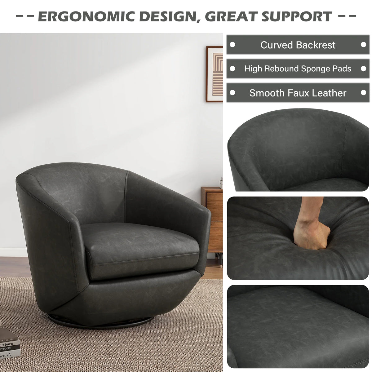 DREAMSIDEA Faux Leather Swivel Accent Chair Sets of 2 360" Swivel Barrel Chair,Swivel Club Sofa for Living Room, Bedroom, Office,Brown