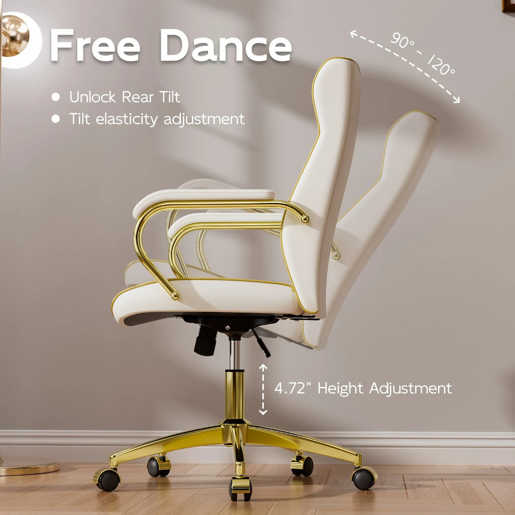 Ninecer White and Gold Office Chair with Soft Leather Embroidery, Mid Back Vintage Swivel Executive Desk Chair with Wheels and Padded Arms, Adjustable Height