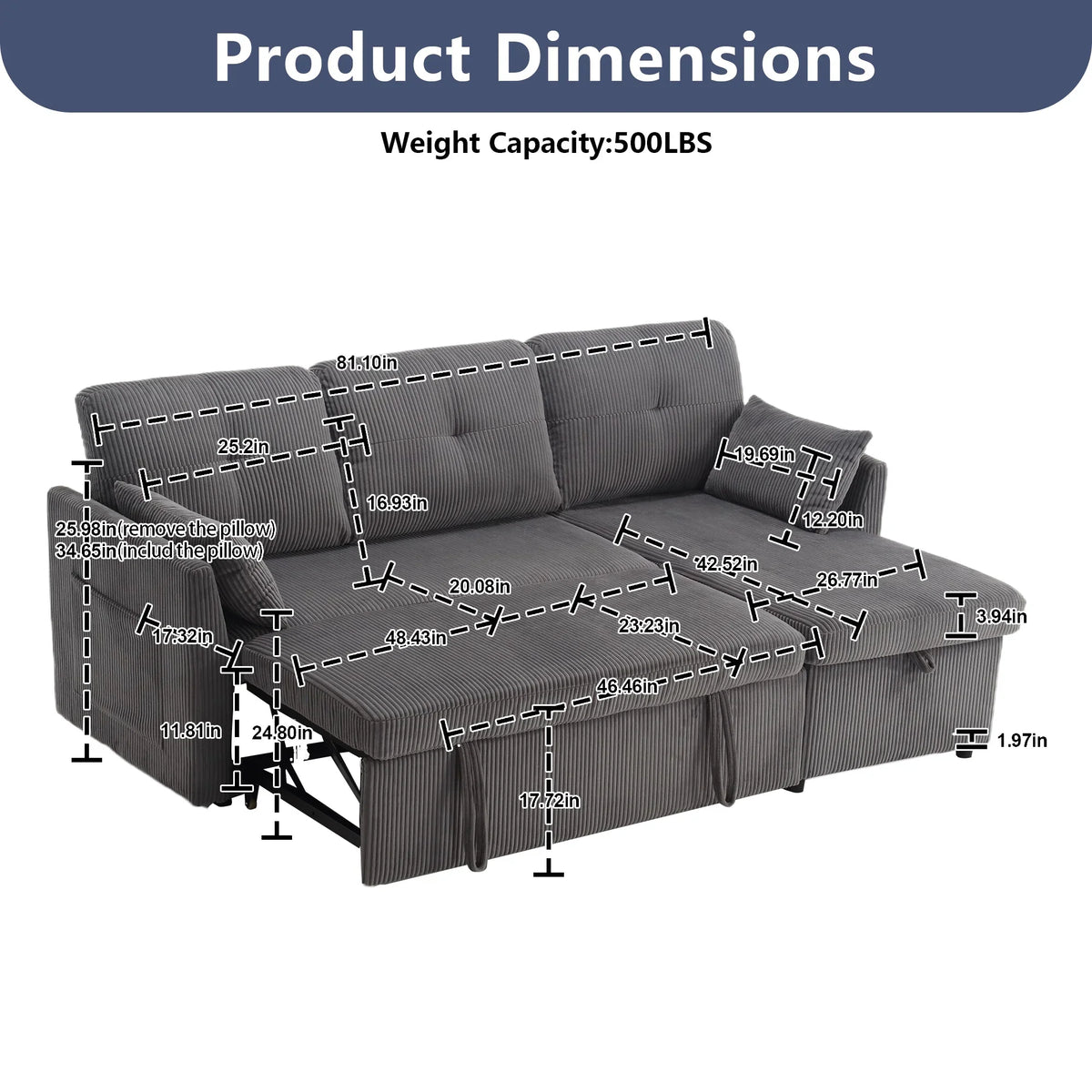 Villeston L-Shaped 3-Seat Sofa with Pull-Out Bed, with Storage Chaise Couch for Living Room, Chenille Fabric,Olive