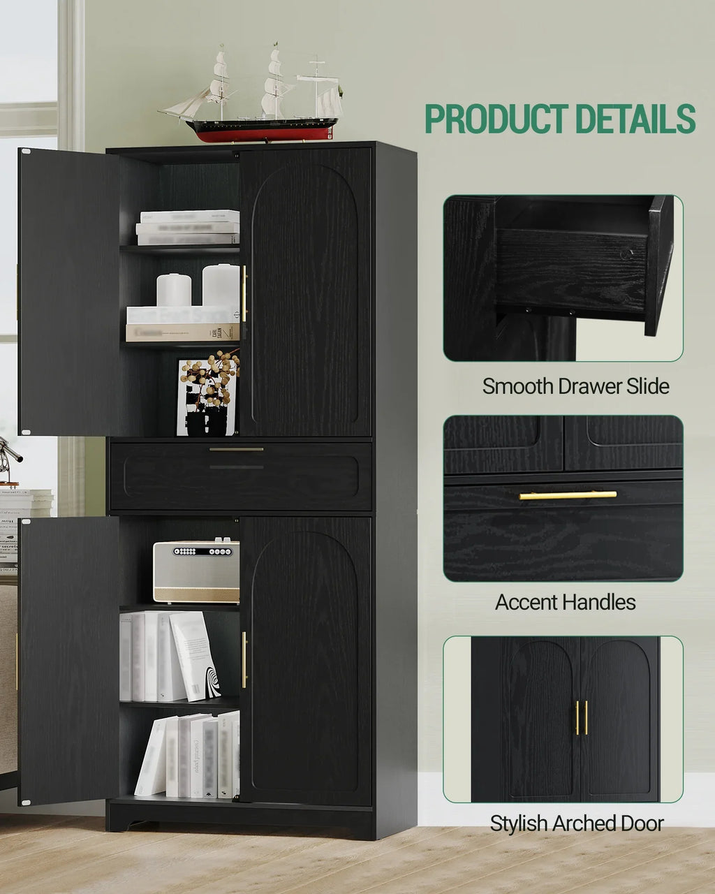 Kitchen Pantry Storage Cabinet, Freestanding Storage Cabinet with 4 Adjustable Shelves