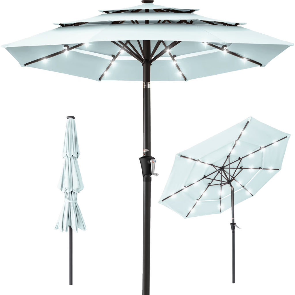 Best Choice Products 10ft 3-Tier Solar Patio Umbrella w/ 24 LED Lights, Tilt Adjustment, Easy Crank - Tan