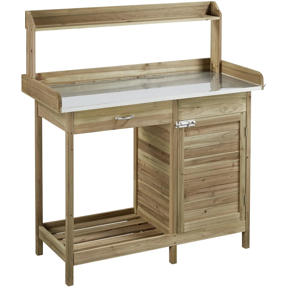 Renwick Outdoor Garden Potting Bench W/Cabinet Drawer Open Shelf, Gray