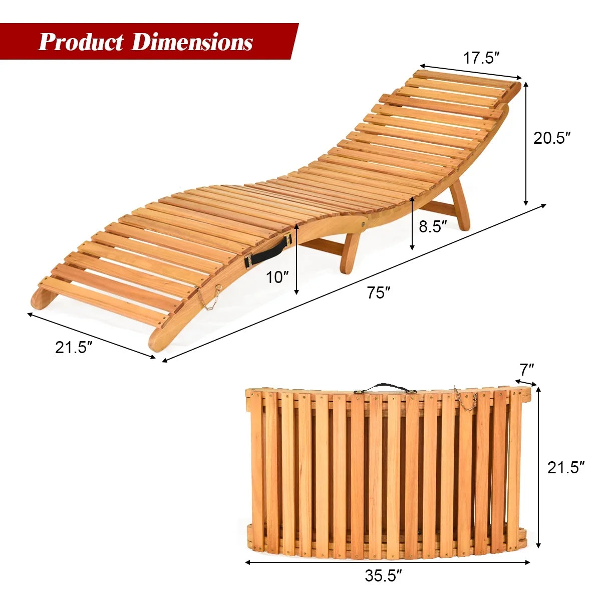 Costway Folding Wooden Outdoor Lounge Chair Chaise Red/White Cushion Pad Pool Deck