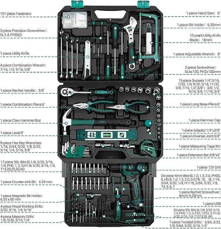 MY Tool Set: 12V Cordless Drill Kit with Hand Toolbox and Storage Case, Mechanic Tool Set for Home Repairs, Portable Power Drill and Tools, Green