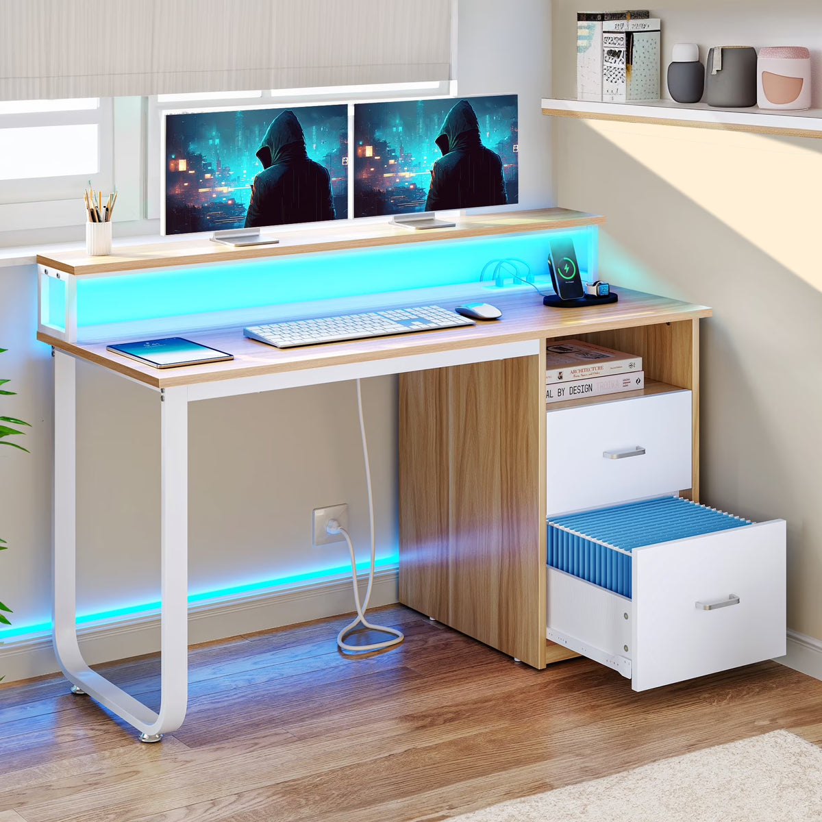 Dextrus 47 inch Computer Desk with Storage Drawers & LED Light, Office Desk with Monitor Stand & Power Outlets, Work Study PC Desk for Small Spaces, Home Office, Oak