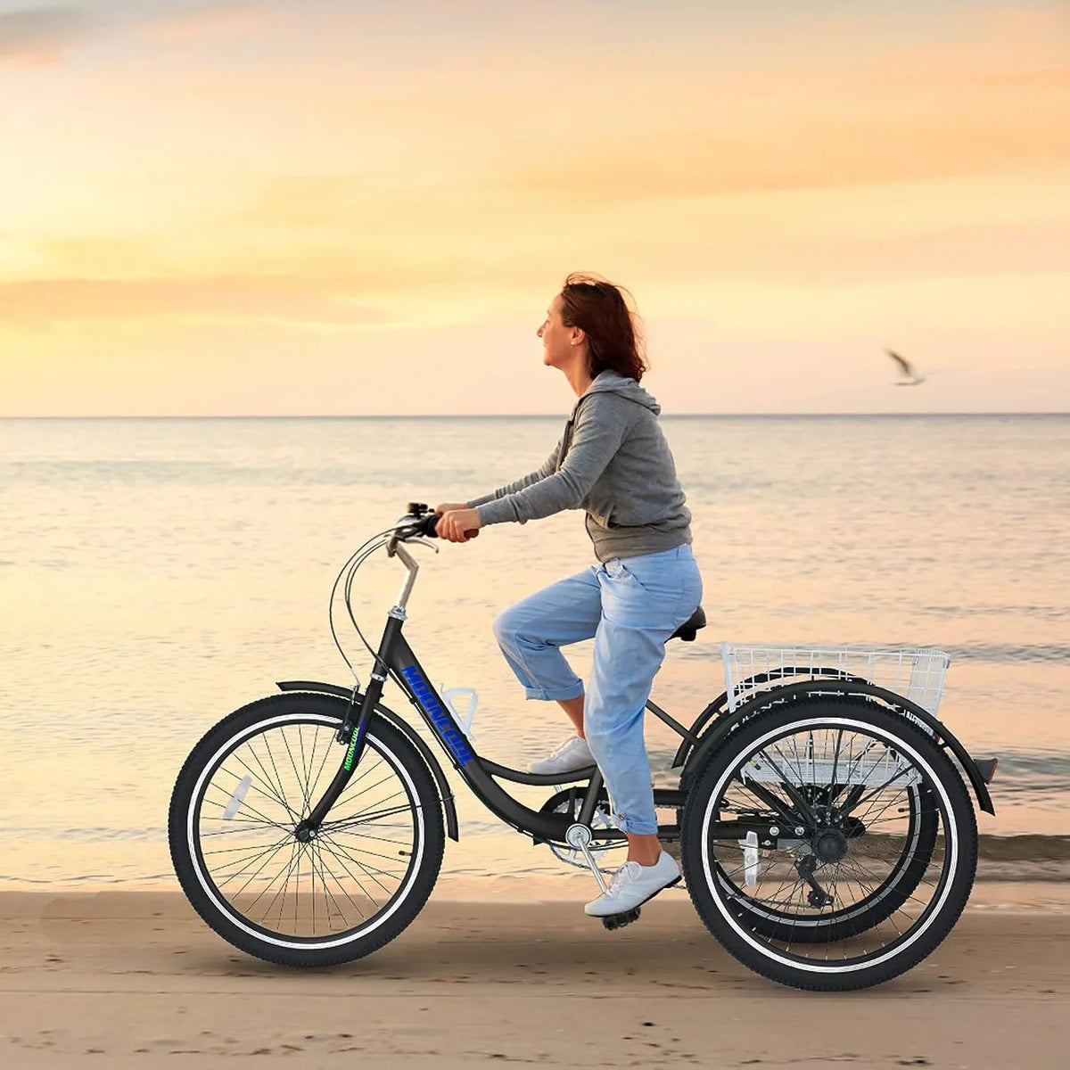 MOONCOOL Adult Tricycles with Rear Basket & Inflator, 24 26 inch 7 Speed 3 Wheel Bikes, Three-Wheeled Bicycles Adult Trike with Backrest for Seniors, Women, Men