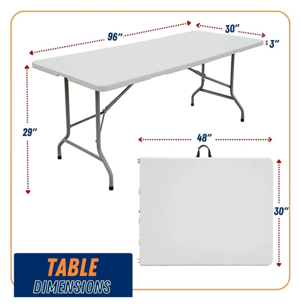 8FT Folding Table Indoor Outdoor Heavy Duty Portable Folding Plastic Dining Table w/Handle, Lock for Picnic, Party, Camping - White (4ft, 6ft, 8ft) (8ft)
