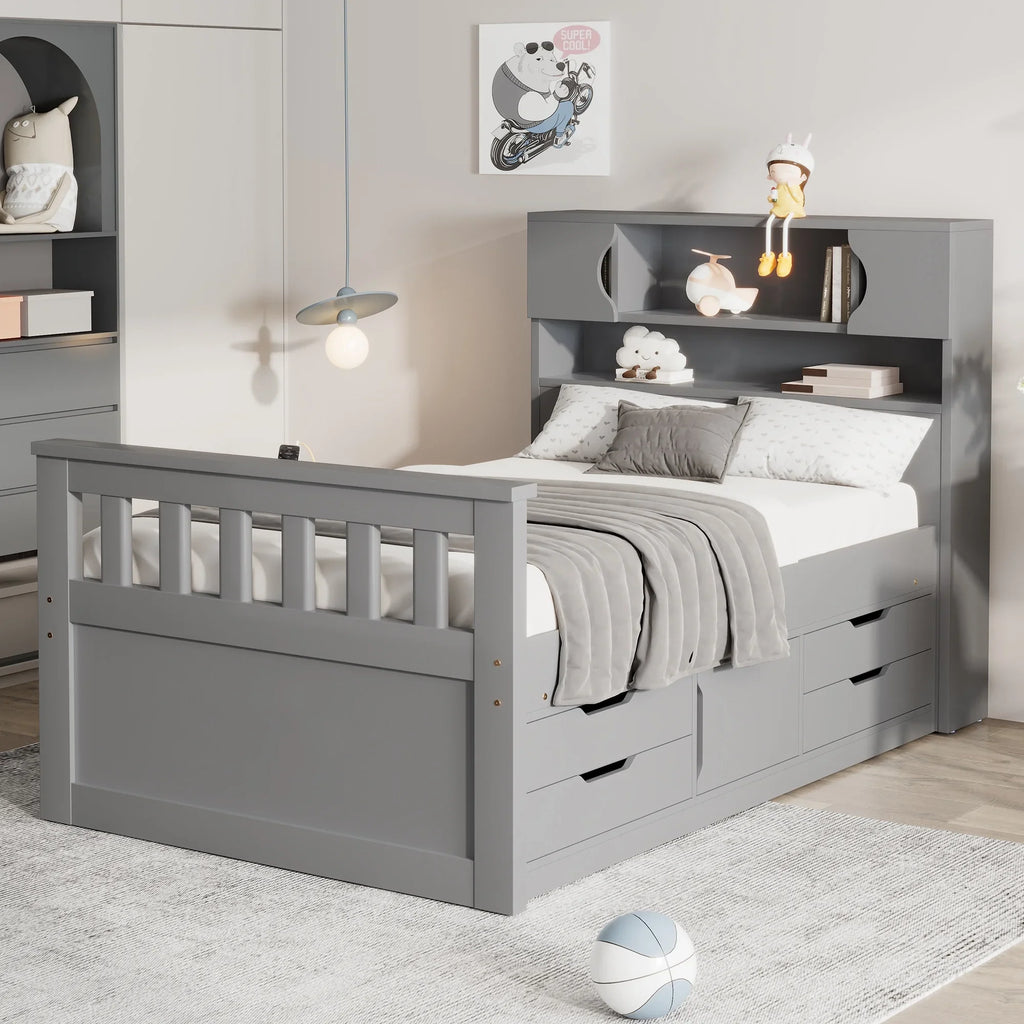 Euroco Wood Twin Size Platform Bed with Storage Headboard, Captain Bed with 4 Drawers, Bookcase and Cabinets, Gray