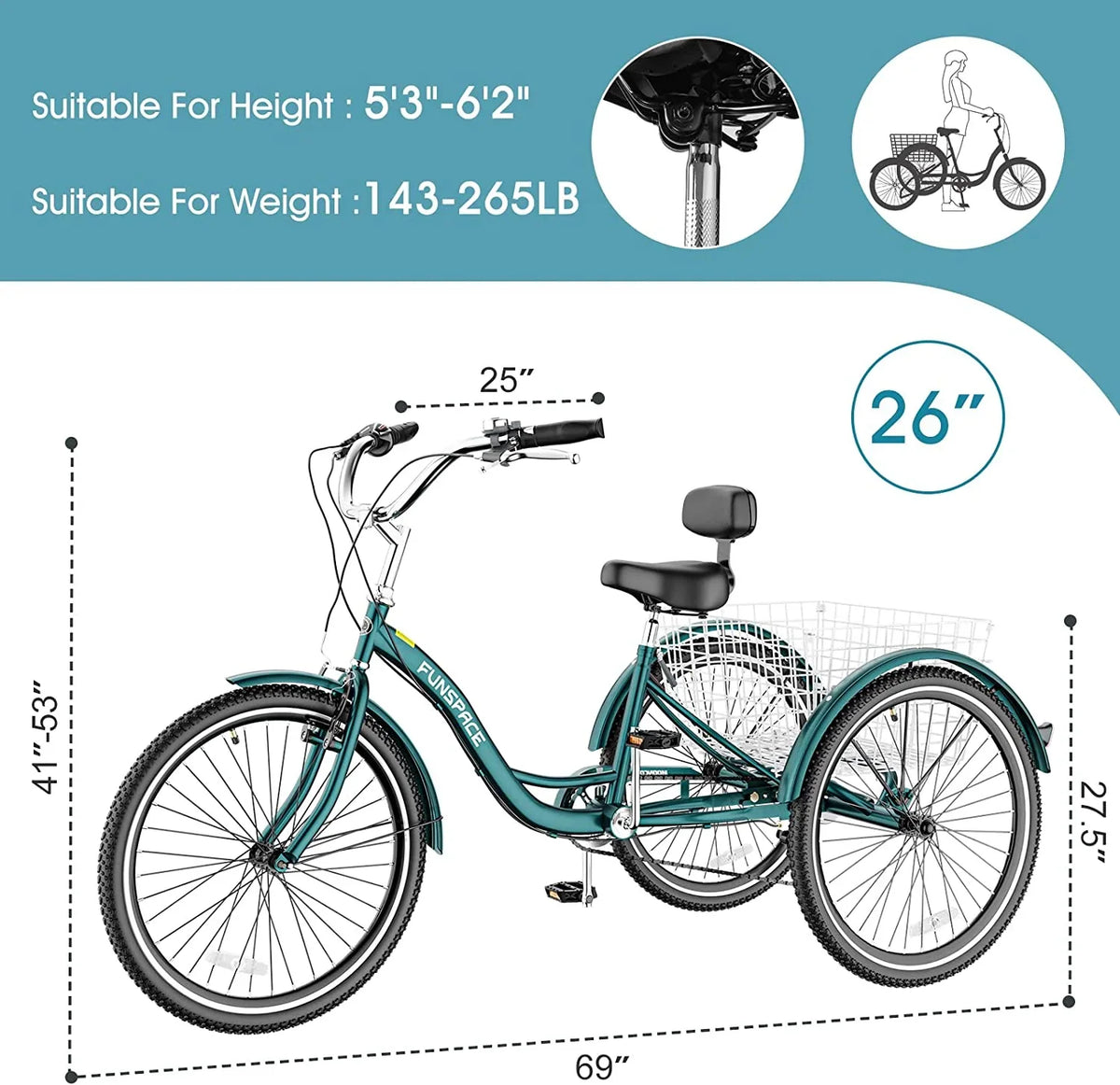 MOONCOOL Adult Tricycles with Rear Basket & Inflator, 24 26 inch 7 Speed 3 Wheel Bikes, Three-Wheeled Bicycles Adult Trike with Backrest for Seniors, Women, Men