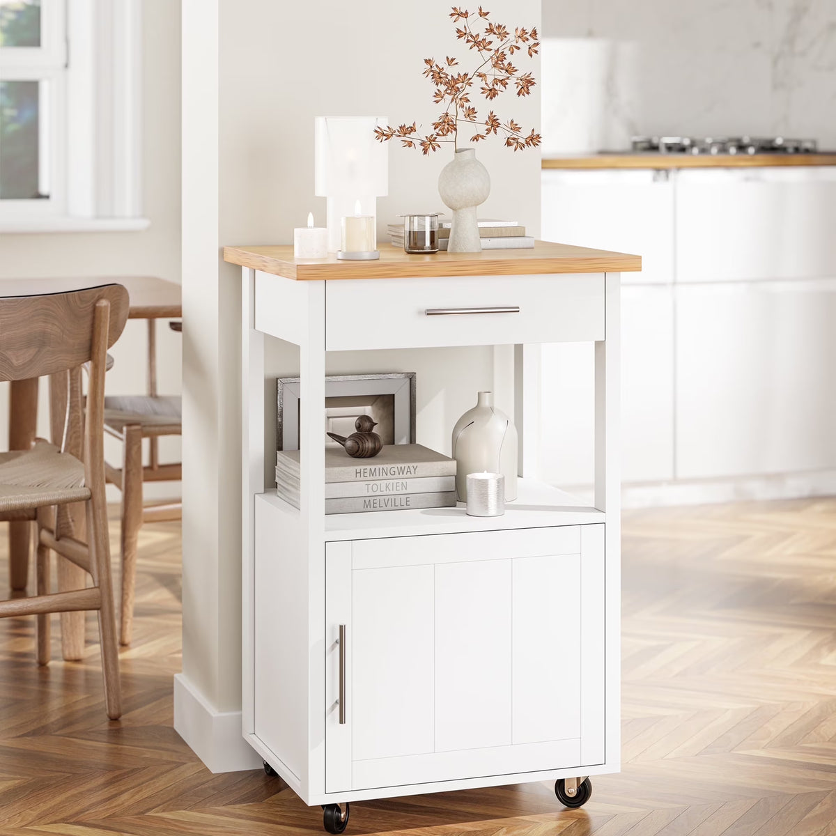 Walsunny Kitchen Island Table Stand with Storage on Wheels,Rolling Kitchen Cart Storage Cabinet with Drawer,White