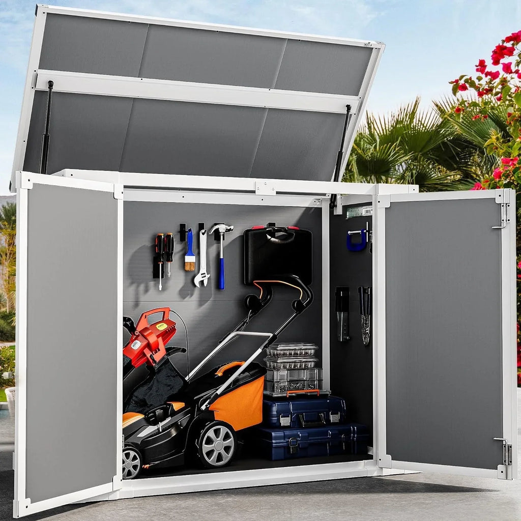 Shinpt Outdoor Storage Shed, 41 Cu Ft. All-Weather Resin Tool Shed, Lockable Double Door Shed for Storage of Garden Tools, Pool Accessories, Bikes, Garbage Bin, for Garden, Yard Lawn Pool