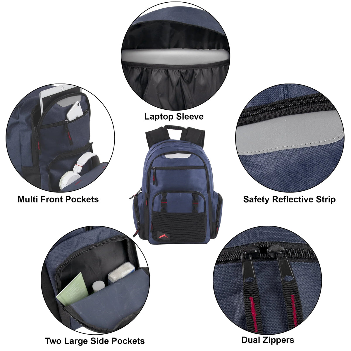 24 Pack of Bulk Wholesale Heavy Duty, Reflective, Dual Compartment, Multi-Pocket, Laptop Backpacks for Work, School, College, Classrooms, Charity and Homeless Donation in Male Colors Pack