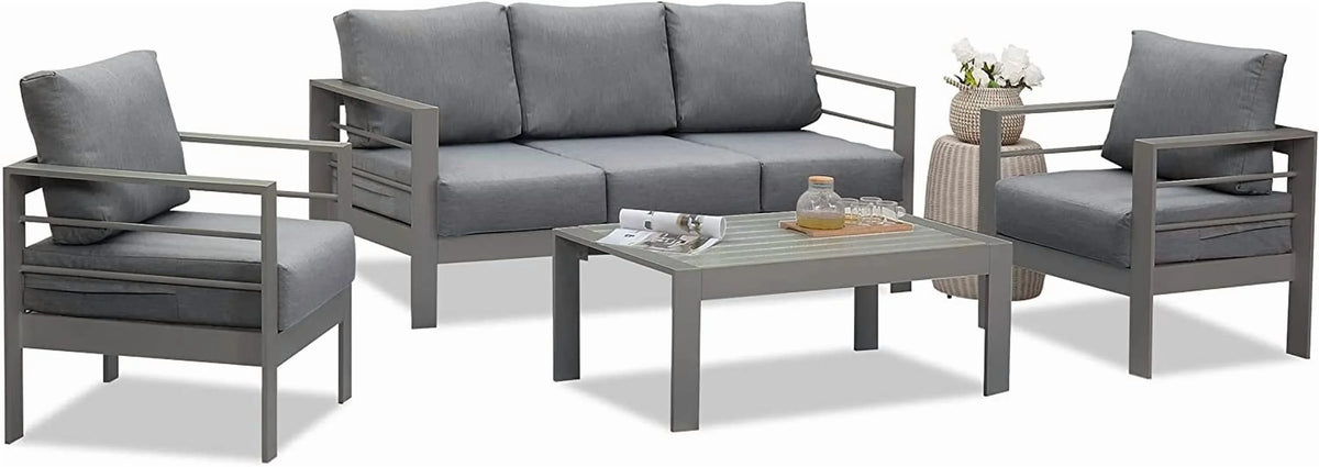 Superjoe Outdoor 3 Seats Patio Aluminum Sofa Furniture, Couch Gray Metal Chair with Cushions, Dark Grey