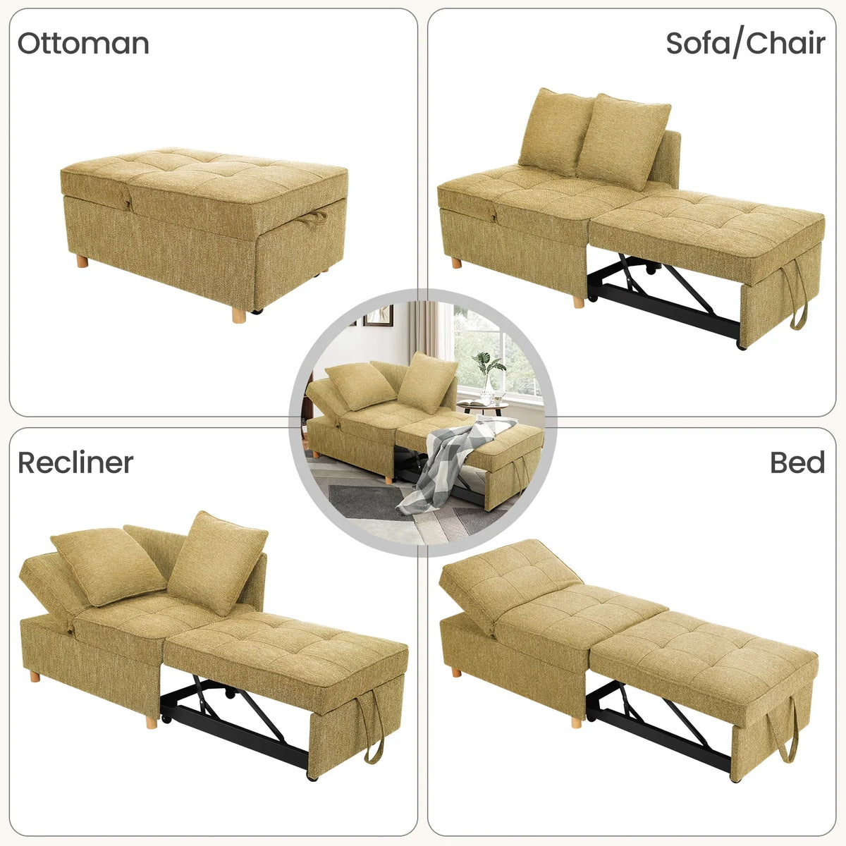SEJOV 4-in-1 Convertible Sleeper Chair Bed, Linen Sofa Bed for Small Space, Futon Sofa with 2 Throw Pillows for Living Room, Single Recliner with 5 Adjustable Backrest for Bedroom Apartment, Brown