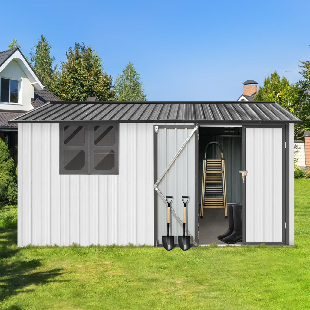 10x12 FT Outdoor Storage Shed, Metal Garden Tool Shed with Vents, Window and Bulit-in Hooks, Waterproof Organization for Home/Backyard/Garden Tools/Lawn Storage, Yellow+White