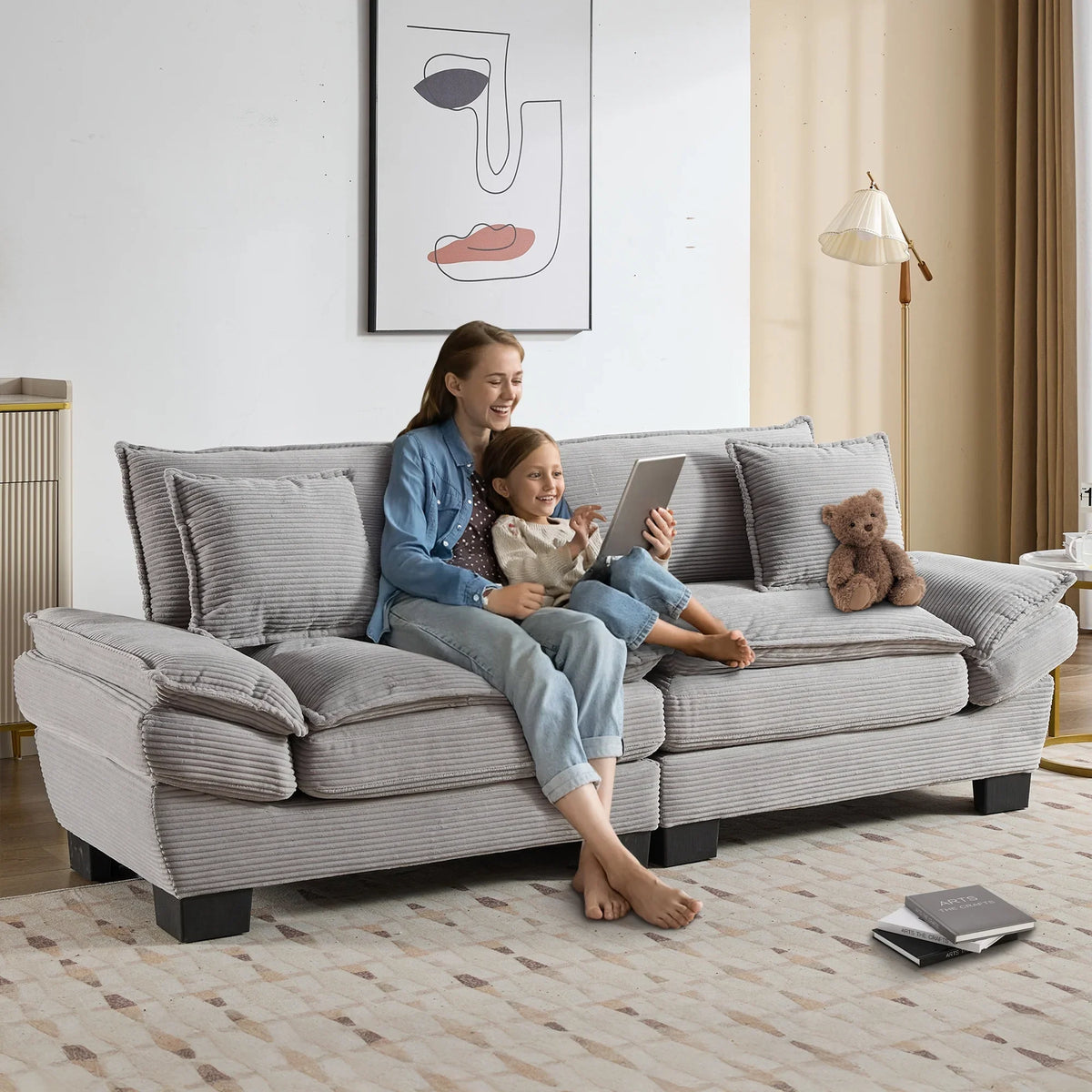 Dinosisco 84"L Deep Seat Sofa, Corduroy Upholstered Sleeper Couch for Living Room, Pink
