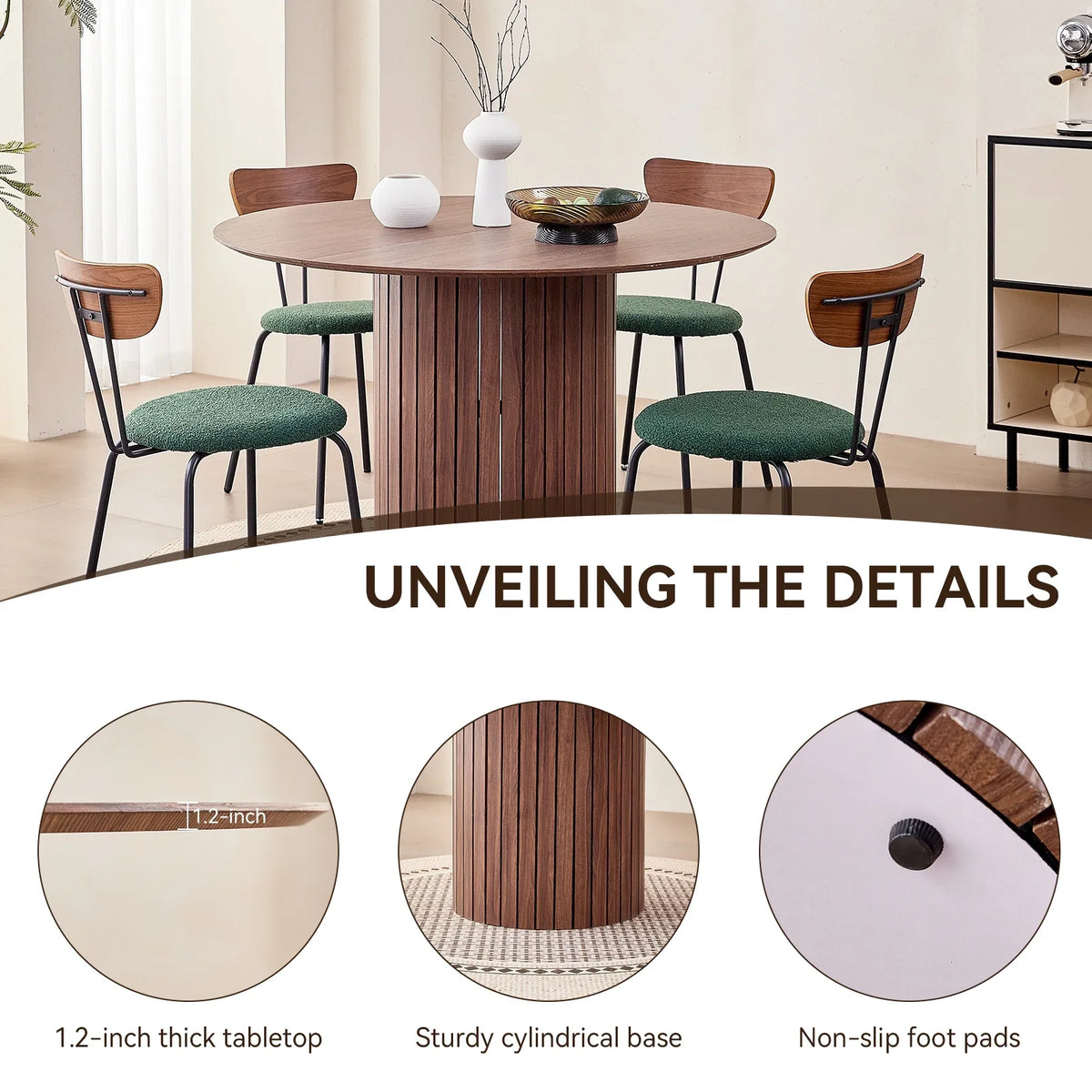 47 inches Modern Round Dining Table, Wood Kitchen Table for 4 with Two-part Tabletop and Wooden Strip Columns Base, Farmhouse Table for Kitchen, Dinning Room, Oak