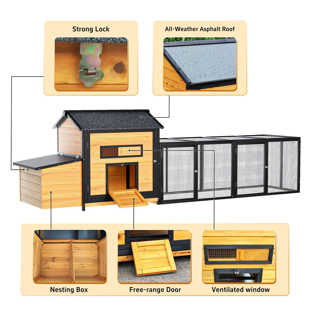 Pefilos 112" Large Outdoor Wooden Chicken Coop with Run, Slide-Out Tray, Rabbit Hutch Poultry Cage, Hen House with Nest Box, Gray