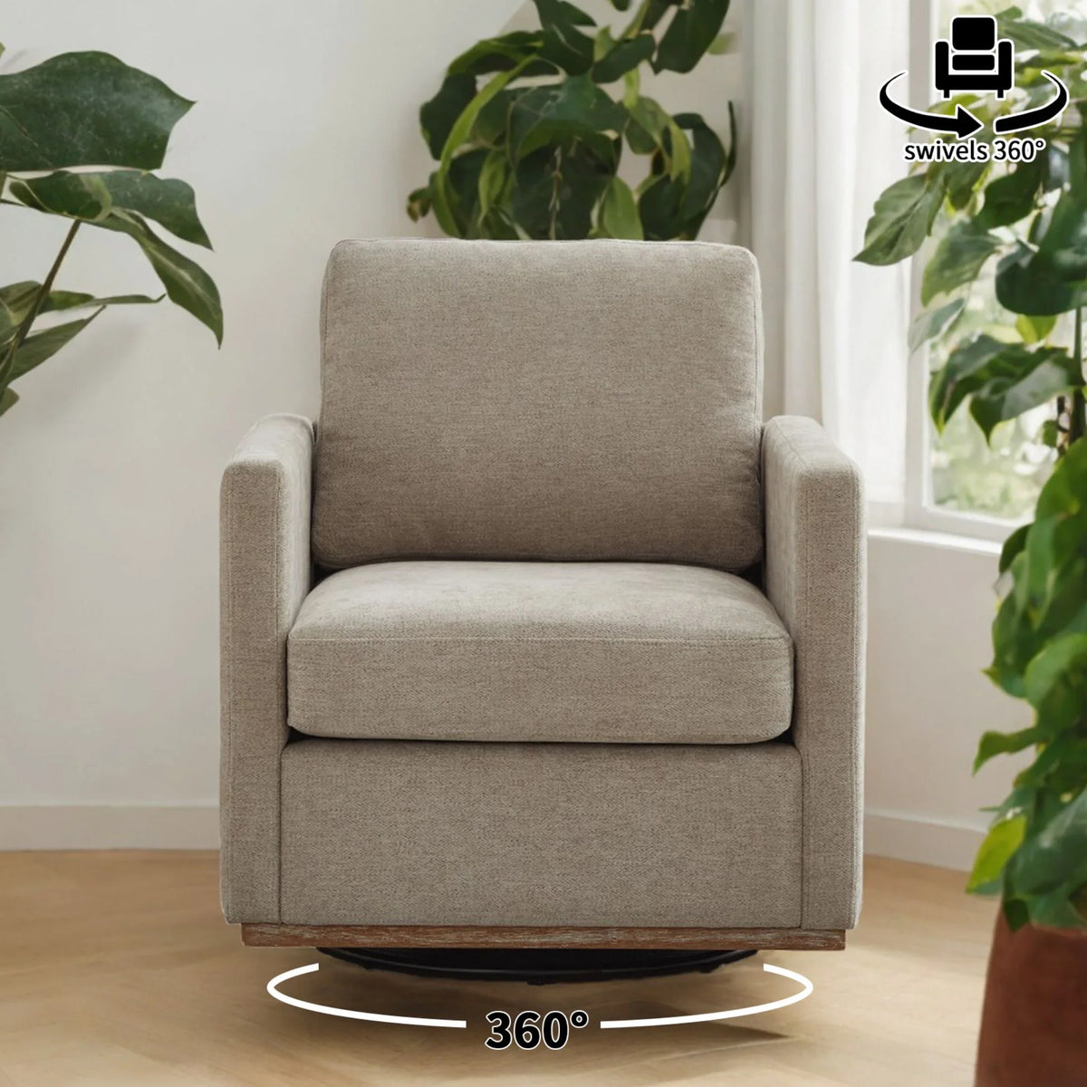 Swivel Accent Chair"360 Degree Square Swivel Chair for Living Room, Mid Century Modern Upholstered Swivel Barrel Chair,Comfy Sofa Armchairs for Bedroom,Nursery,Chenille(Beige)