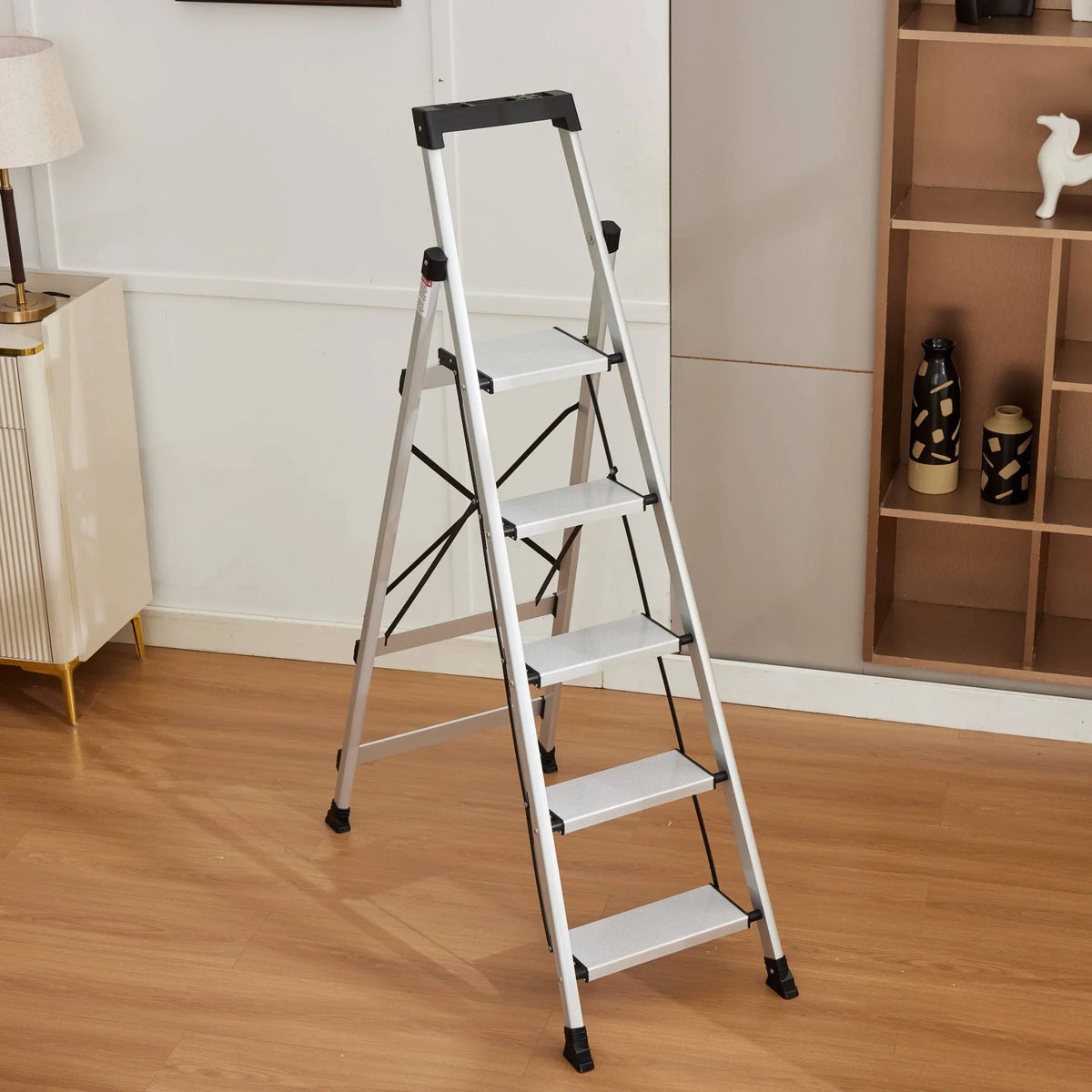 HBTower 4 Step Ladder with Tool Tray, Aluminum Anti-Slip Folding Step Stool for Adults, 330lbs Capacity, Light Weight Portable Ladder for Kitchen Warehouse Outdoor Work