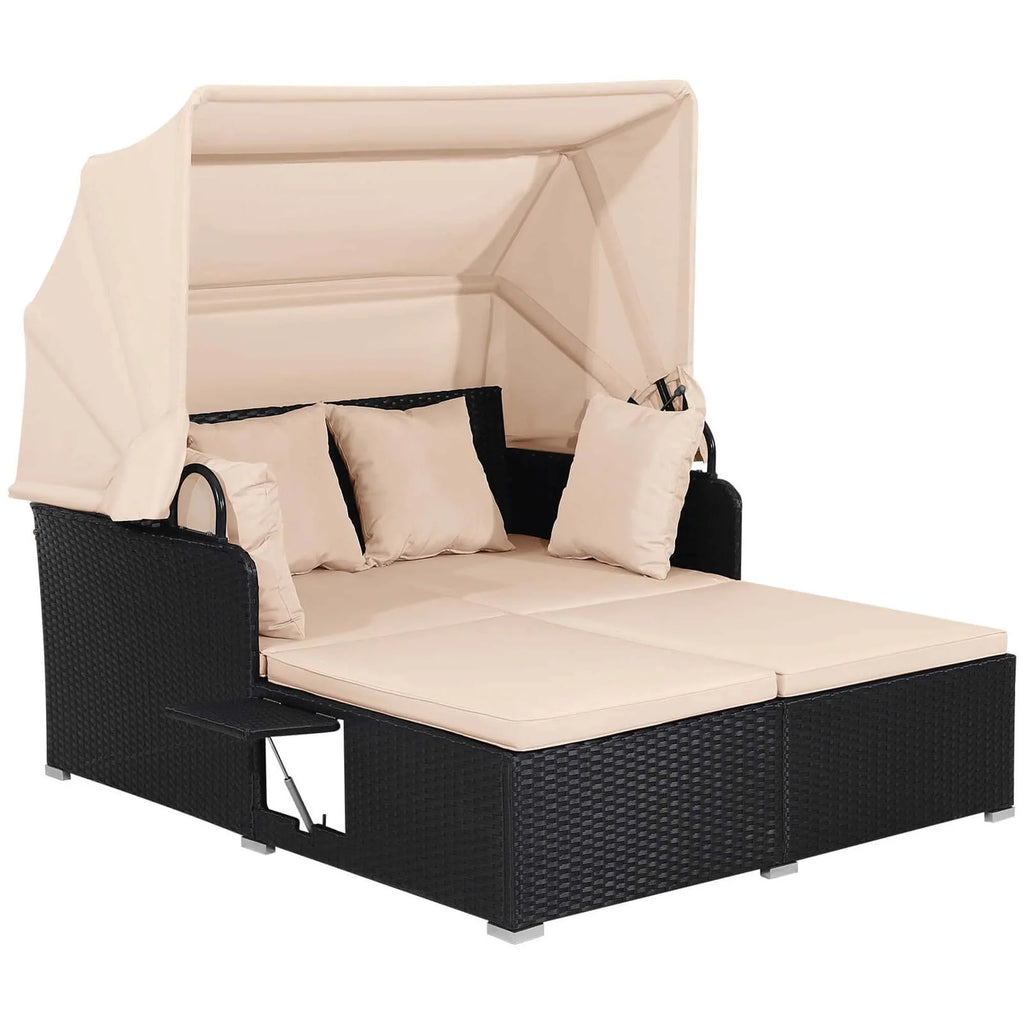 Costway Patio Rattan Daybed Lounge Retractable Top Canopy Side Tables Cushions Red