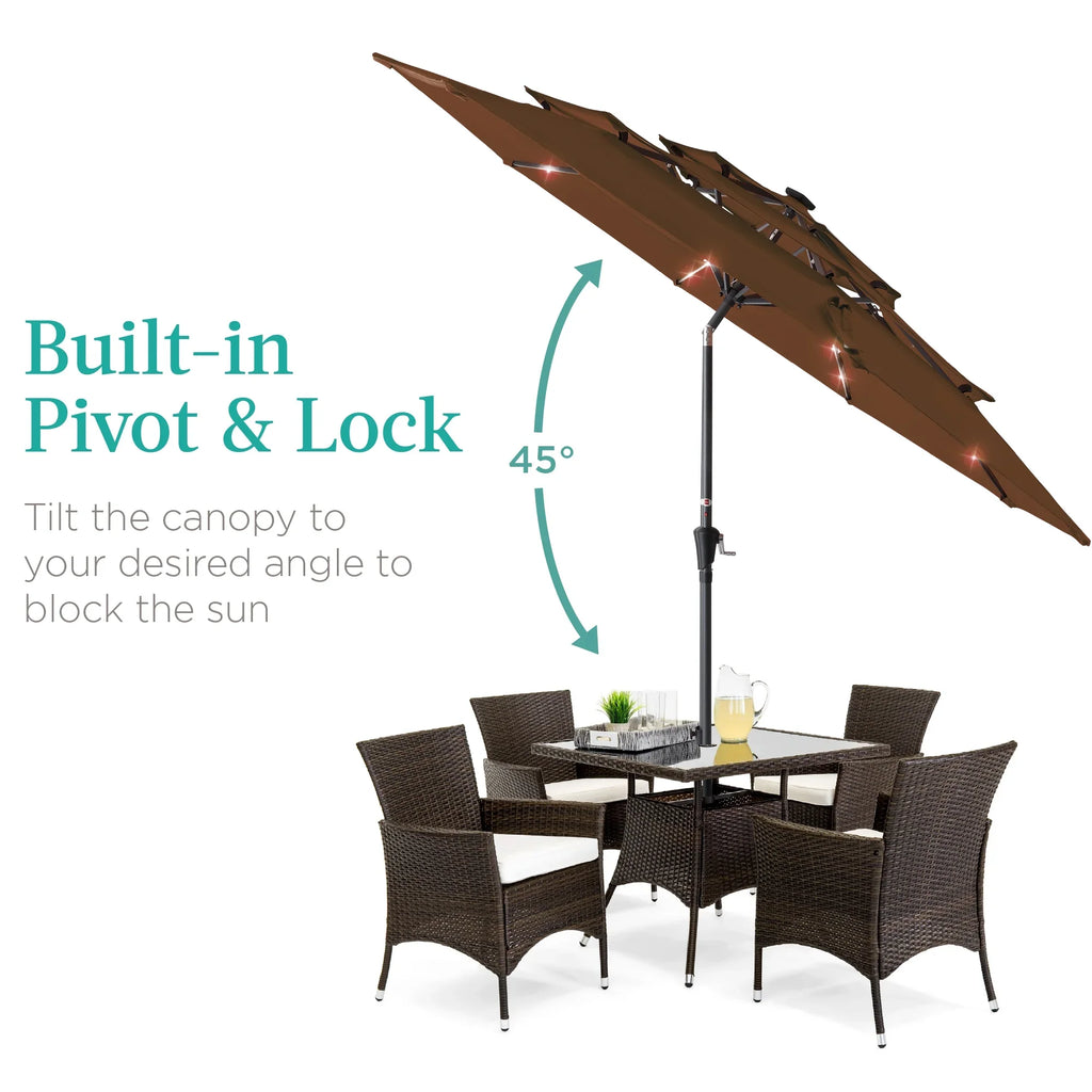 Best Choice Products 10ft 3-Tier Solar Patio Umbrella w/ 24 LED Lights, Tilt Adjustment, Easy Crank - Tan