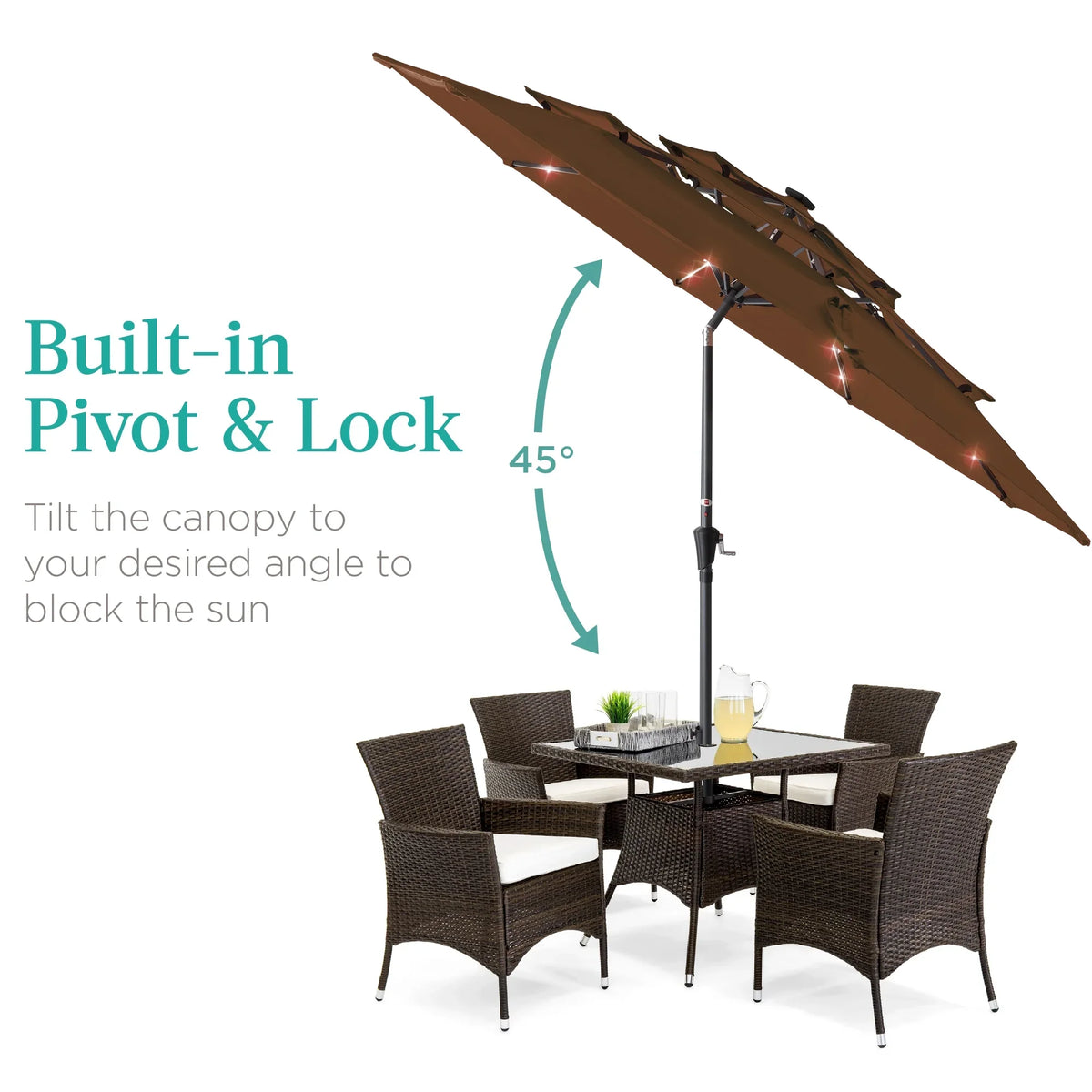 Best Choice Products 10ft 3-Tier Solar Patio Umbrella w/ 24 LED Lights, Tilt Adjustment, Easy Crank - Tan