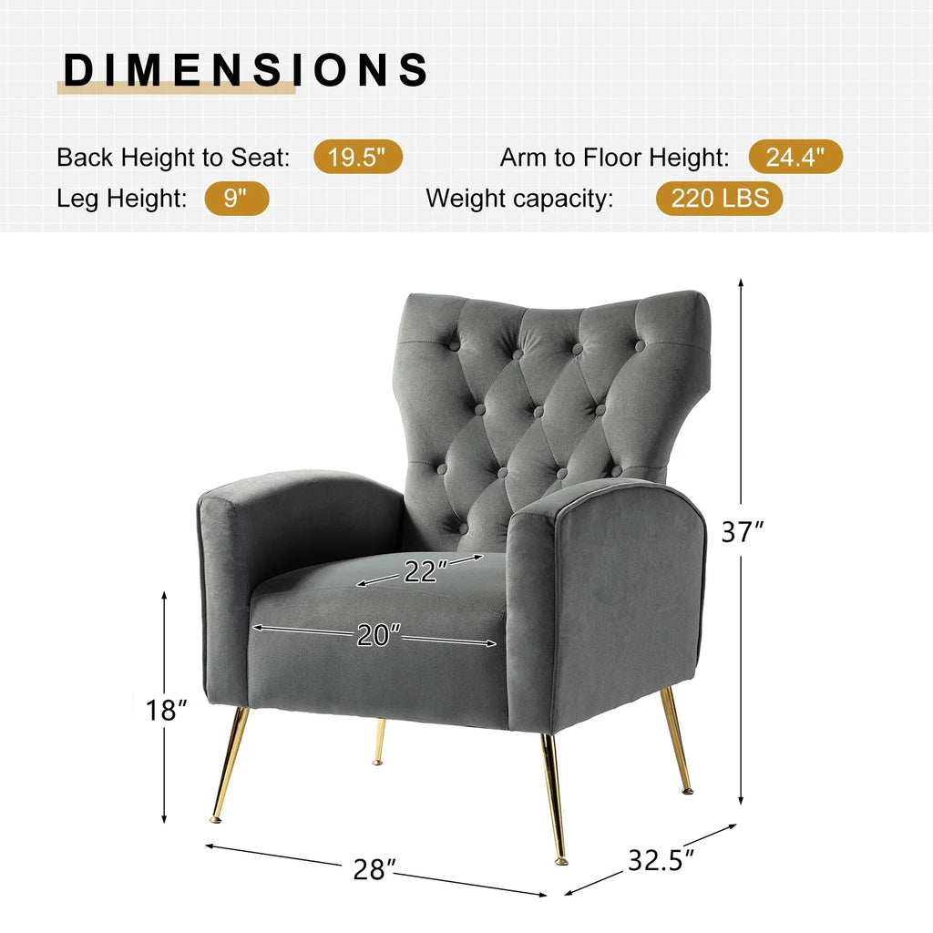 Modern Velvet Accent Chair Upholstered Sofa Armchair Button Tufted Metal Legs Adult Bedroom Home Living Room Grey