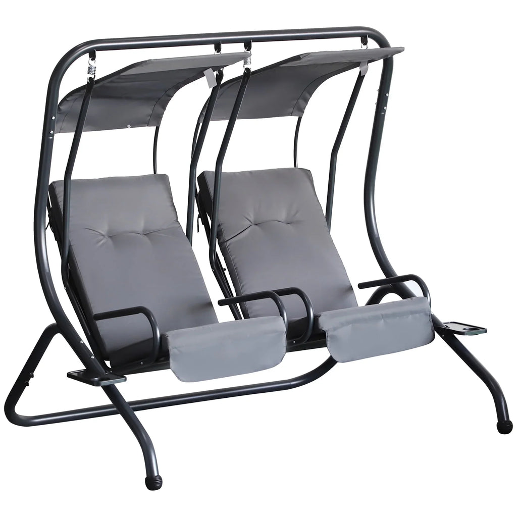 Outsunny 2-Seat Modern Steel Canopy Porch Swing with Cup Holder and Cushions, Beige/Black