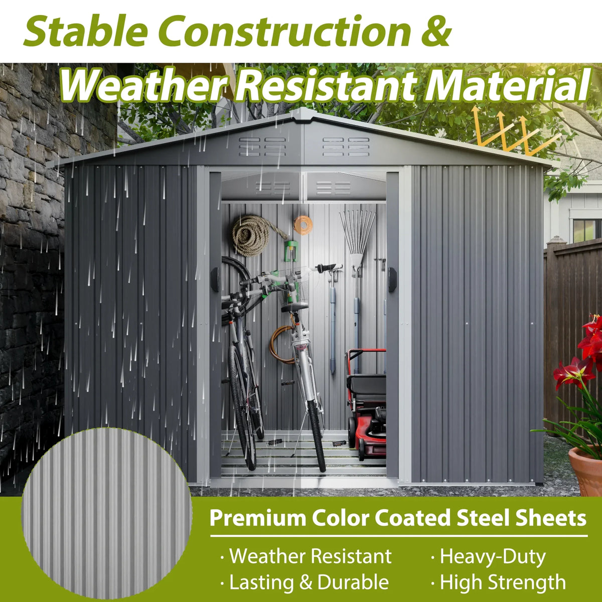 LZBEITEM 10 x 10 ft Outdoor Storage Shed with Floor Frame Kit, Galvanized Steel Garden Sheds, Garden Tool Shed with Double Lockable Doors for Backyard Patio Lawn, Grey