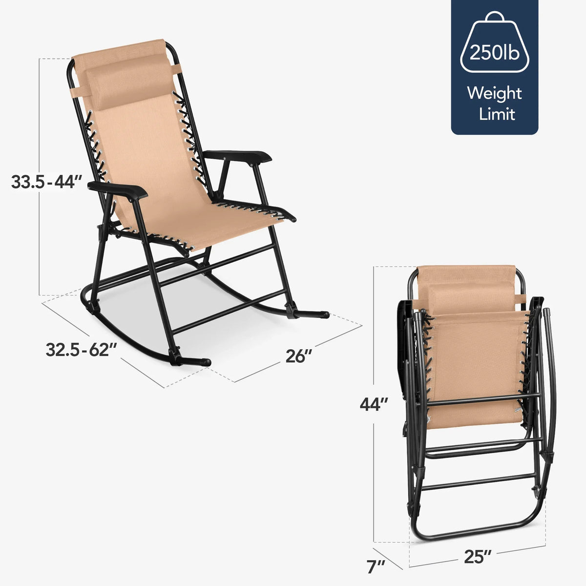 Best Choice Products Folding Outdoor Zero Gravity Rocking Lounge Chair w/ Headrest Pillow - Black