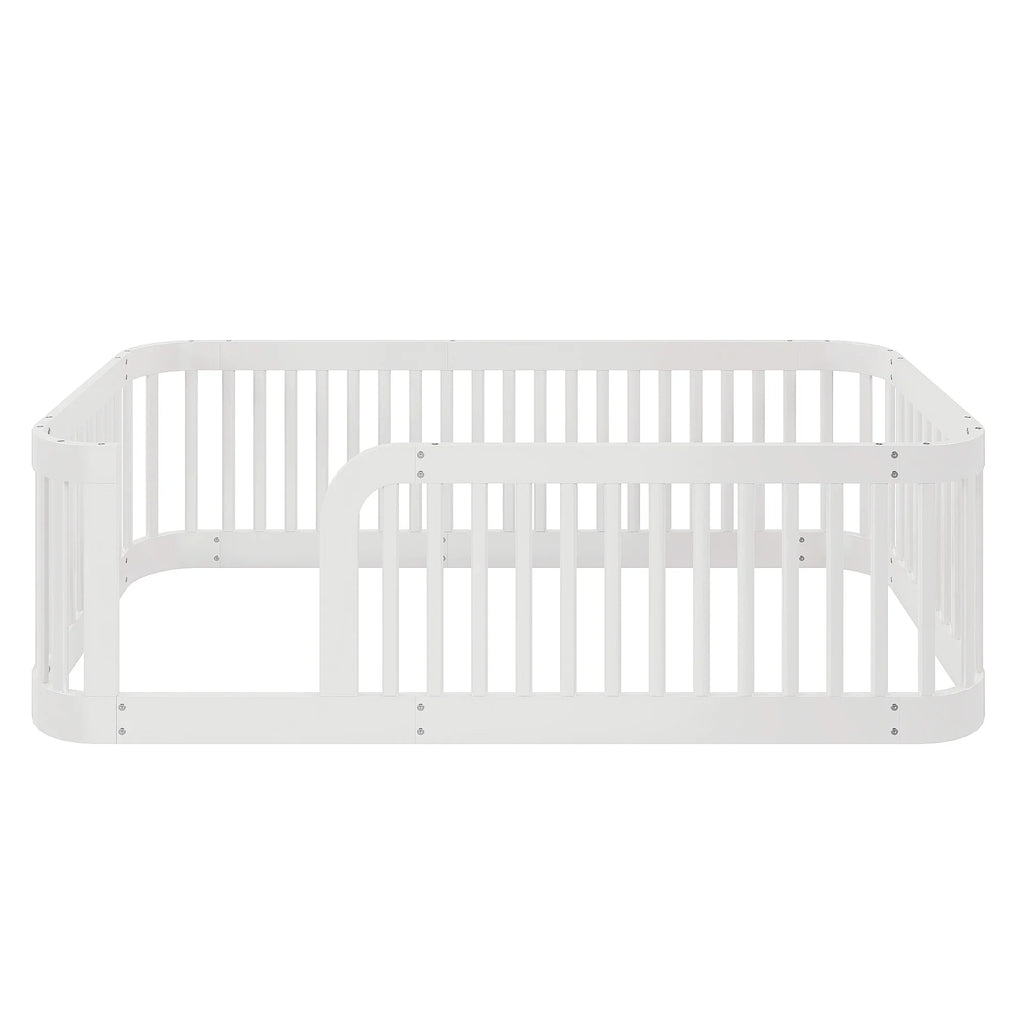 Euroco Twin Size Floor Bed with Fence for Kids Teens and Toddlers, White