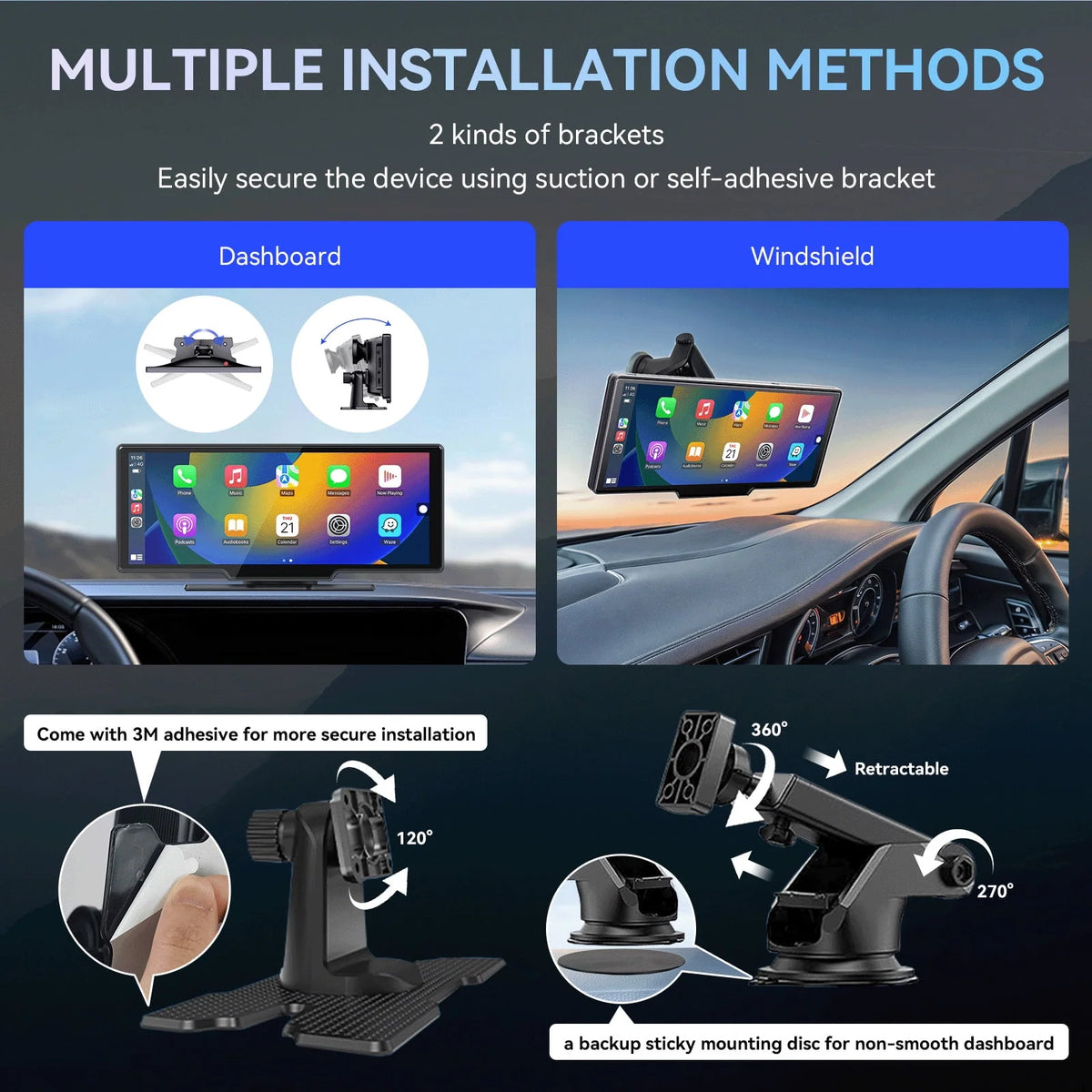 10.26" Wireless Apple Carplay Screen with Android Auto, 4K Dash Cam, Backup Camera, Bluetooth, GPS, Voice Control