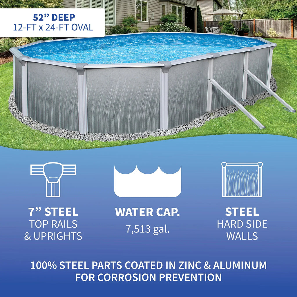 Blue Wave Martinique 12-ft x 24-ft Oval 52-in Deep 7-in Top Rail Metal Wall Swimming Pool Package